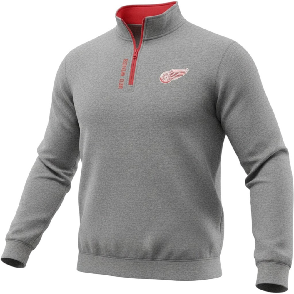 NHL Detroit Red Wings Pullover Mens Large Gray Red Quarter Zip Heathered Logo